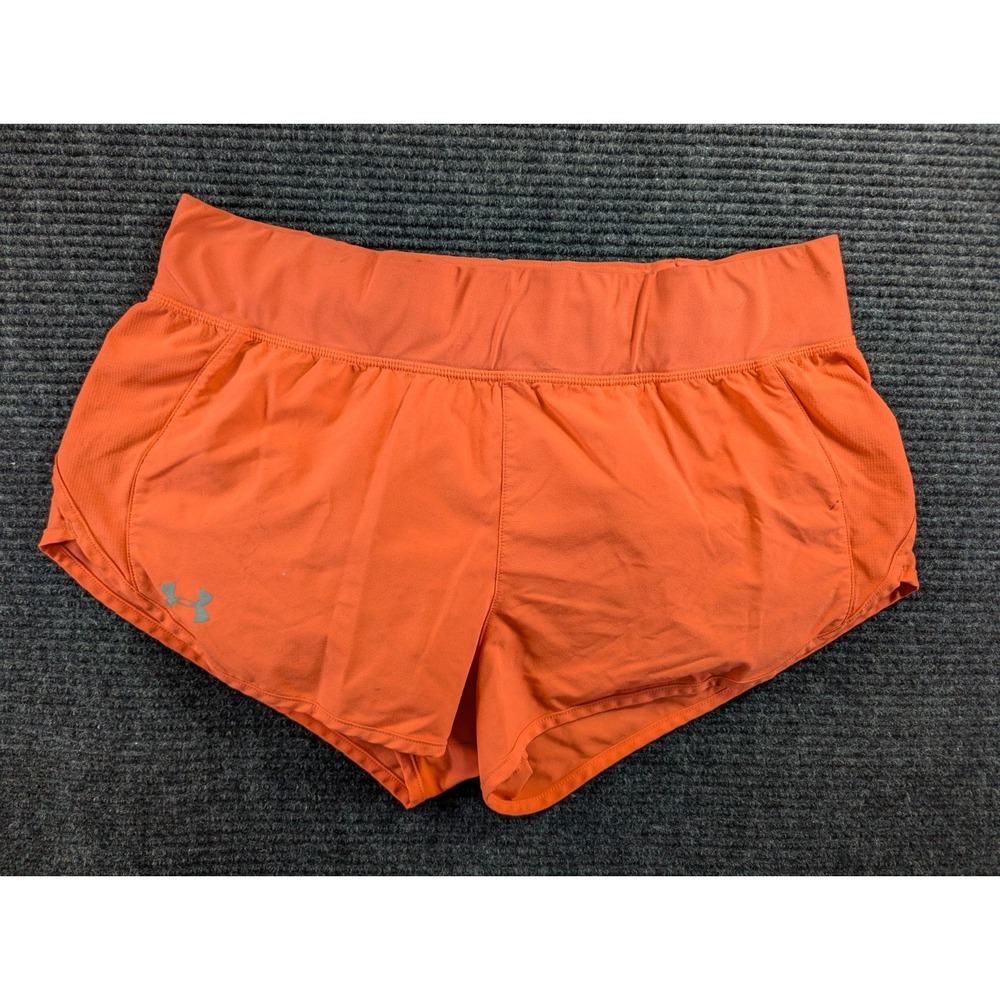 Under Armour Heatgear Running Shorts Womens Large Orange Gym Fitted Zip Pocket